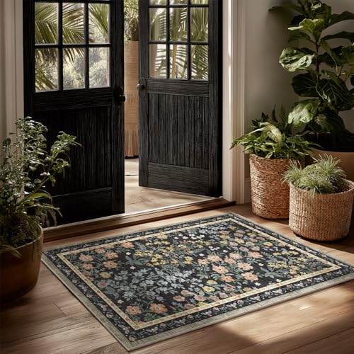 Machine Washable Small Rugs for Entryway: Door Mat Indoor Entrance 2x3 Rug Boho Throw Rug Non-Slip Low Pile Kitchen Rug for Front Door Indoor Entrance Entry Kitchen Bedside Kids Room - color: Floral-black, size: 2' x 3' (Rectangular)