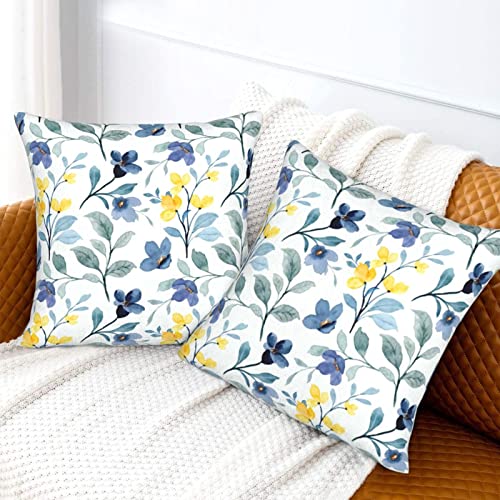 Yellow Sage Green Blue Floral Throw Pillow Covers 16x16 Inch Set of 2 - color: Yellow Blue Flower, size: 16" x 16" (Pack of 2)