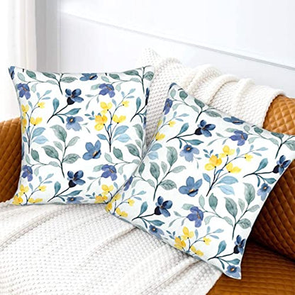 Yellow Sage Green Blue Floral Throw Pillow Covers 18x18 Inch Set of 2 - color: Yellow Blue Flower, size: 18" x 18" (Pack of 2)