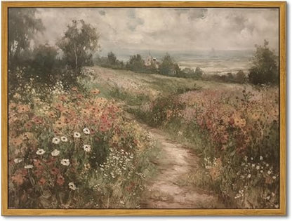 KBKBART Framed Canvas Wall Art Landscape Nature Country Wildflower Painting - color: Countryside Wildflower, size: 24"L x 16"W