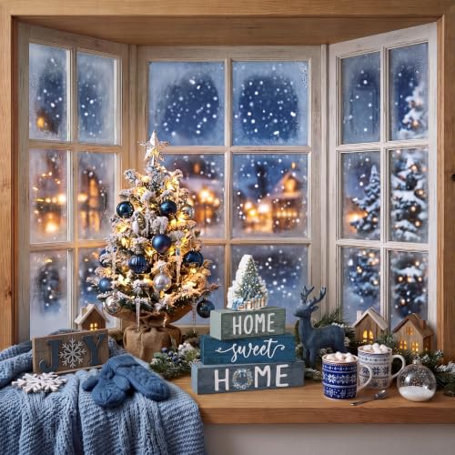 Cinnvoice 4 Pcs Blue Christmas Wooden Home Sweet Home Block Shelf Decor - style: Blue Christmas
