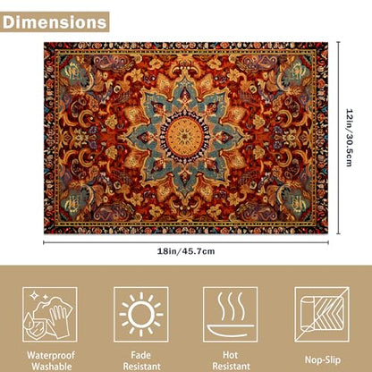 Linen Placemats Set of 6, Fall Boho Carpet Orange Brown Washable Table Mats 12x18 Inch, Heat Resistant Non Slip Placemats for Dining Table Kitchen Everyday Use - color: Fall Boho Carpet Orange Brown