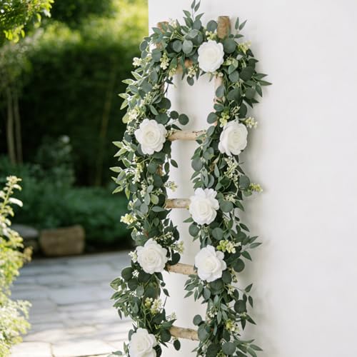 4 Packs 5.9 Ft Artificial Eucalyptus Willow Leaves Garland with Flowers Artificial Greenery White-Flowered Vines Fake Eucalyptus Flower Garland for Wedding Decoration Table Home Stairs Decor - color: Green, White