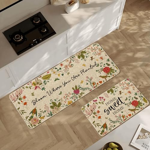Spring Summer Kitchen Mats Vintage Florals Bird Low Profile Rugs
