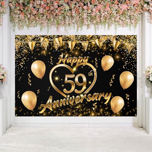 Happy 59th Anniversary Backdrop Party Decorations, Black Gold Glitter Bokeh Dots Valentine's Day Wedding Anniversary Party Photo Background Cake Table Banner Extra Large Wall Decor Props. 6 * 4ft (59) - color: 59