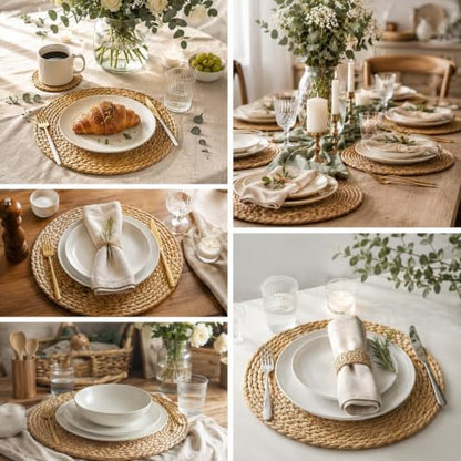 Set of 12 Round Woven Placemats, 13 Inch Rattan Chargers for Dinner Plates, Wicker Placemats, Boho Farmhouse Rustic Braided Jute Table Mats for Kitchen Dining Party Decor