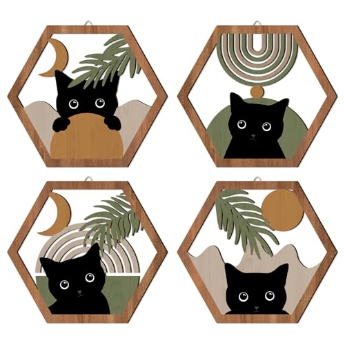 HPNIUB Boho Black Cat Wall Decor, Farmhouse Geometric Hanging Wooden Wall Art, 4 Pieces 11''x9.8'' Mid Century Bohemian Abstract Moon and Sun Wood Sign for Nursery Bedroom Decoration, Lovely Cat Gifts - color: Black cat[green style]