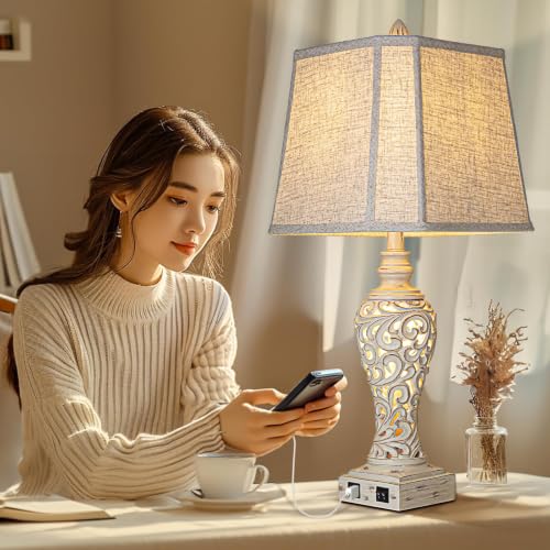 LuxSight Collection 28.5" Table Lamps Set of 2 with Nightlight for Bedroom - color: Cream-Set of 2, size: 28.5 inch