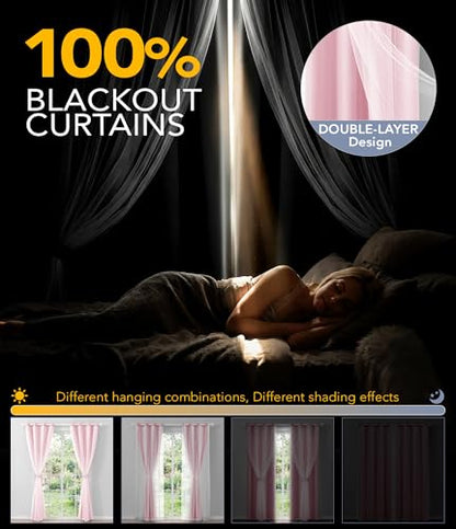 100% Blackout Curtains with Sheer Overlay, Pink, 52 x 63 inch, 2 Panels - color: Pink, size: 52"W x 63"L (Pack of 2)
