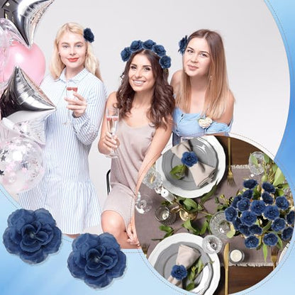 Yunlly 100 Pcs Blue Fake Silk Rose Flowers with Stems for Wedding - color: Navy Blue
