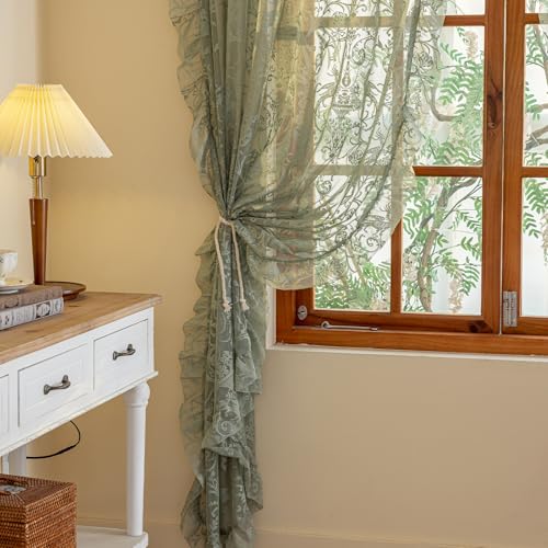 TUDECO Sage Green Lace Curtains, Ruffle Edges, 59 x 63 Inch, 2 Panels - color: Sage Green, size: 59"W x 63"L (Pack of 2)