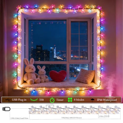 Pastel Easter Flower String Lights, 33ft 100 LED USB Powered with Timer - color: Multicolor