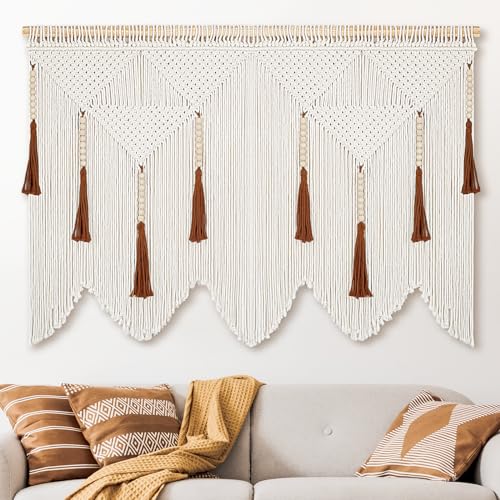 Large Macrame Wall Hanging, Boho Woven Tapestry with Wood Bead Tassel - size: Medium