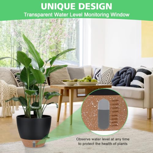 12" 10" 9" 8" Self Watering Pot for Indoor Plants, Large Plastic Planters Set with Water Level Indicator Deep Reservoir Tray, Bottom Watering Big Flower Pots with Mesh Drainage Hole - Black - color: Black