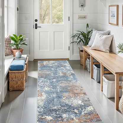 2x6 Non-Slip Washable Kitchen Runner Rug – Modern Abstract Carpet Runner for Hallway Bedroom Bathroom Laundry Room Entryway – Low-Pile Thin Rubber Backed（Blue Rust,2x6） - color: Blue Rust, size: 2' x 6' (Rectangular)