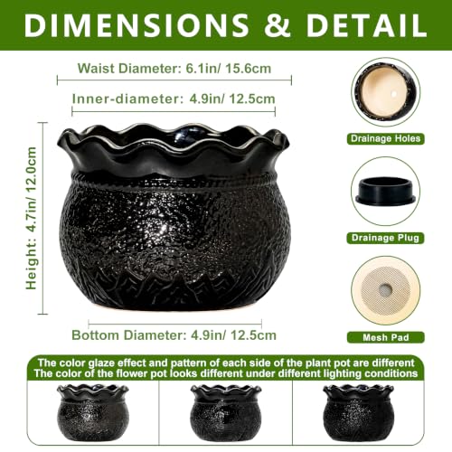 Ceramic Flower Pots 6 Inch, Unique Planter with Drainage, Black - color: Black, size: 6 Inch