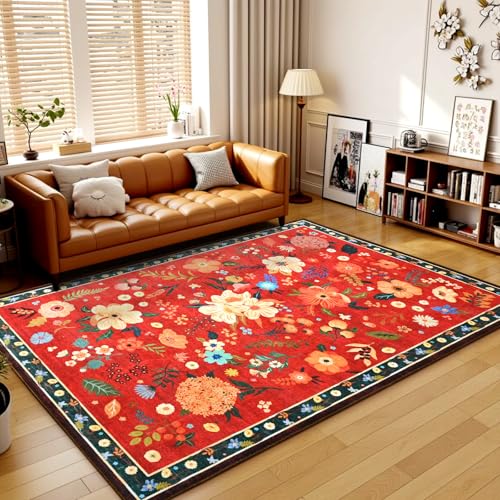 Terrug Floral Washable Area Rug for Bedroom, 4x6 Red Christmas Boho Ultra-Thin Rugs for Entryway, Soft Non Slip Carpet Vintage Rug for Living Room, Kitchen, College Dorm, Dining Room, Nursery - color: Red, size: 4' x 6' (Rectangular)