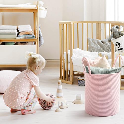 Laundry Hamper Basket, Woven Cotton Rope Blanket Basket, Nursery Storage - color: Light Pink, size: 16"D x 22"H