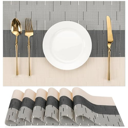 Placemats Set of 6, Vinyl Woven Heat-Resistant Place Mats - color: Beige Black, size: Set of 6
