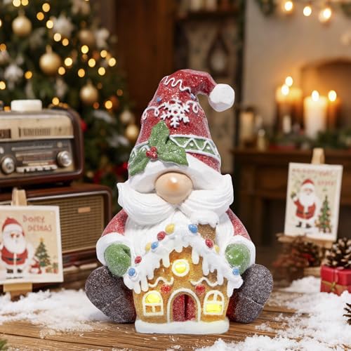Hodao Christmas Gnome Figurine with Gingerbread House, Holiday Elf Decor - color: Red-1