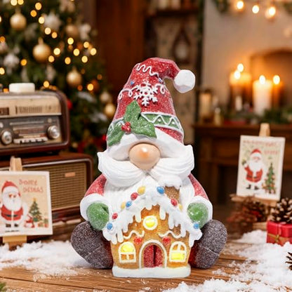 Hodao Christmas Gnome Figurine with Gingerbread House, Holiday Elf Decor - color: Red-1