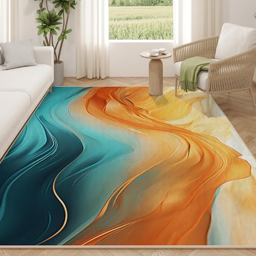 Orange Teal Area Rug for Living Room 5'x7' Turquoise Marble Decor - color: Orange Teal, size: 5' x 7'