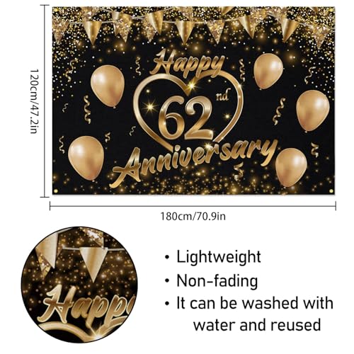 Happy 62nd Anniversary Backdrop Party Decorations, Black Gold Glitter Bokeh Dots Valentine's Day Wedding Anniversary Party Photo Background Cake Table Banner Extra Large Wall Decor Props. 6 * 4ft (62) - color: 62