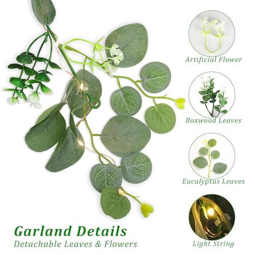 N&T NIETING 4 Pack Artificial Eucalyptus Garland with Lights, 6FT Artificial Greenery Summer Garlands, Battery Operated Twig Vine for Room Stairs Mantle Wedding Holiday Decoration Indoor Outdoor - size: 4