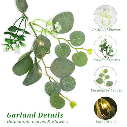 N&T NIETING 4 Pack Artificial Eucalyptus Garland with Lights, 6FT Artificial Greenery Summer Garlands, Battery Operated Twig Vine for Room Stairs Mantle Wedding Holiday Decoration Indoor Outdoor - size: 4