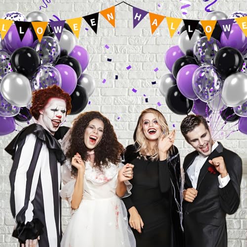 60pcs Purple and Black Balloons 12inch with Silver Confetti Balloons - color: Purple Black Silver