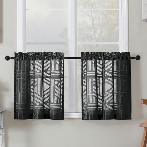 Simplebrand Sheer Black Kitchen Curtains 24 Inch Length Tier Curtains 2 Panels, Light Filtering Geometric Jacquard Clip Textured Semi Sheer Short Window Curtains for Bathroom, 28x24 inch - color: Black, size: 30"W x 24"L (Pack of 2)