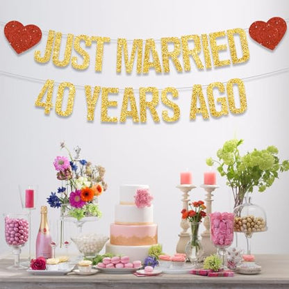 Gold Glitter Just Married 40 Years Ago Banner,NO DIY,Pre-Strung 40th Wedding Anniversary Party Decorations 40 Years Blessed & Loved Garland Sign We Still Do 40th Party Supplies - color: 40gold