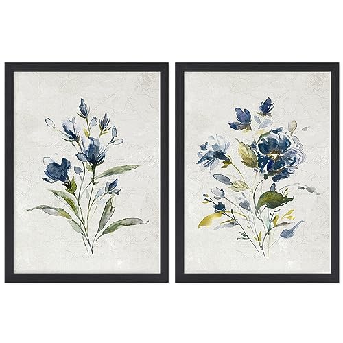 Set of 2 Navy Blue Watercolor Floral Canvas Wall Art 12x16 Inch Black Frame - color: Watercolor Flower Black Frame