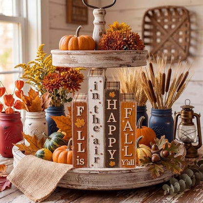 Xuhal 4 Pcs Wooden Fall Decorations Rustic Farmhouse Book Stack for Home - style: Fall