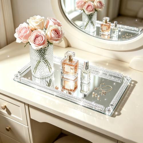 Glass Mirror Vanity Tray, 13.8" x 5.9" Silver Perfume Tray - color: Silver a