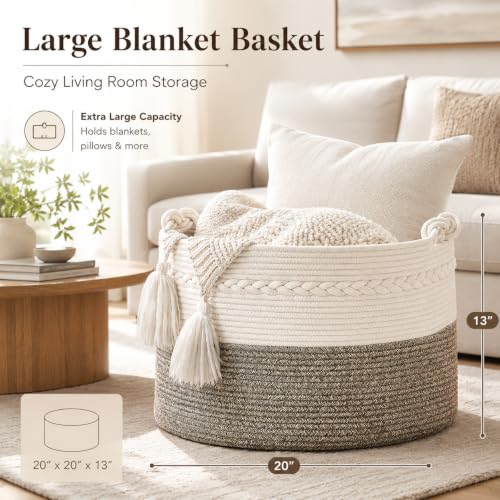 KAKAMAY Large Blanket Basket (20"x13"),Woven Baskets for storage Baby Laundry Hamper, Cotton Rope Blanket Basket for Living Room, Laundry, Nursery, Pillows, Baby Toy chest (White/Beige) - color: Beige