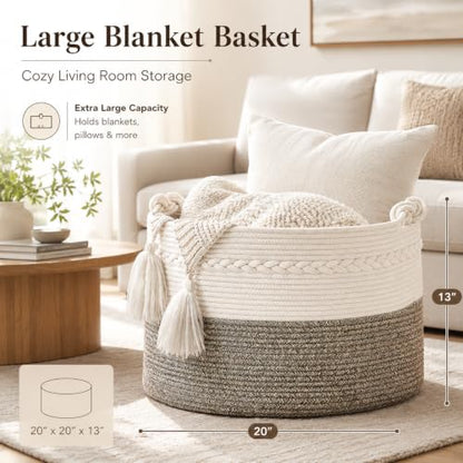 KAKAMAY Large Blanket Basket (20"x13"),Woven Baskets for storage Baby Laundry Hamper, Cotton Rope Blanket Basket for Living Room, Laundry, Nursery, Pillows, Baby Toy chest (White/Beige) - color: Beige