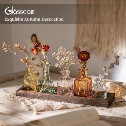 Glasseam Glass Bud Vase for Centerpiece: Small Flower Vases in Wooden Tray - color: Colorful-amber