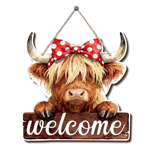 Farmhouse Wall Decor, Highland Cow Welcome Sign with Red Bow, Rustic Wood Hanging Plaque, Watercolor Oil Painting Style Farm Animal Wall Art for Country Porch Kitchen or Entry, 9.8x9.6 Inches - color: Farm 05