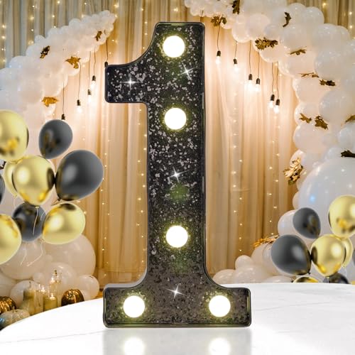 Black Glitter LED Marquee Number 1, Warm White Light Decor Sign - size: Number-1