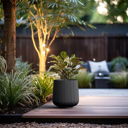 Kante Accent Round Curved Black Concrete Planter 13" Dia, Outdoor - color: Ringed Black, size: 13” Dia