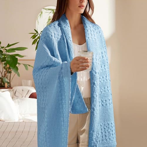 PHF Lightweight 100% Cotton Waffle Throw Blanket for Couch, Airy Blue - color: Airy Blue, size: Throw(50"x60")