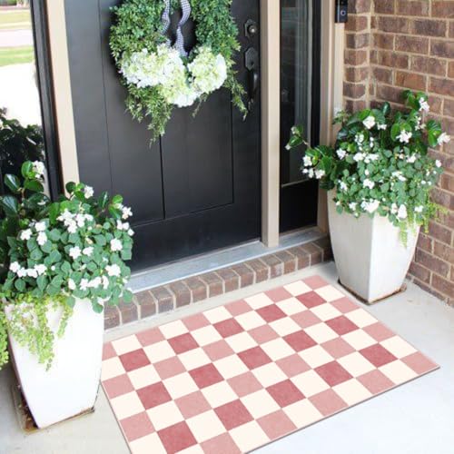 Front Door Mat Outside Entrance - 2x3 Cute Pink White Checkered Rug - color: Checkered - Pink / White, size: 2' x 3' (Rectangular)