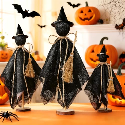 Halloween Decorations Indoor - 3 Set Primitive Halloween Witch with Hat, Wooden Stand Witch Decor for Table Centerpieces, Mantels, Shelves, Vintage Spooky & Festive Party Decor - color: Black Witch With Hat
