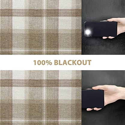 always4u Plaid Curtains for Bedroom Living Room 100% Blackout Thermal Energy Saving Woolen Look Grommet Curtains 63 Inch Length 2 Panels Beige - color: Beige, size: 45"W x 63"L (Pack of 2)