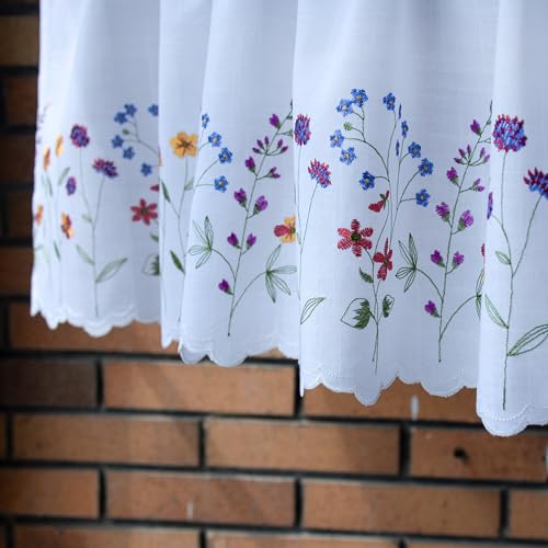 2PC PKT Floral Embroidery Curtain Valance, White Elegant Decorative Flowers Window Valances,Valances for Windows Living Room,3" Rod Pocket W62XL14 inch (Flowers) - size: 62"W x 14"L (Pack of 2)