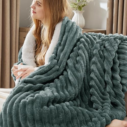 Bedsure Soft Sherpa Blanket Fluffy Throw Dark Green 50"x60" - color: 04 - Dark Green, size: Throw (50" X 60")