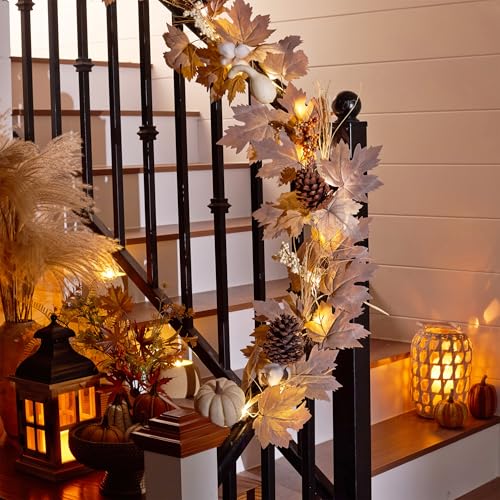 Valery Madelyn Fall Maple Leaves Garlands for Mantle, 6ft Halloween Garlands with Pumpkins Lights for Table Centerpiece, Thanksgiving Harvest Decorations for Home Mantle Fireplace Outdoor Decor-Beige