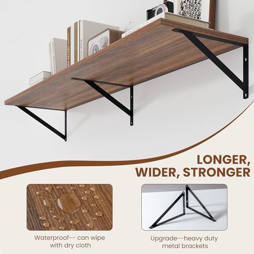 Heimlove 48W x 12D Deep Floating Shelves Set of 2 Walnut - color: Walnut With Black Metal Bracket, size: 48Wx12Dx5.8H