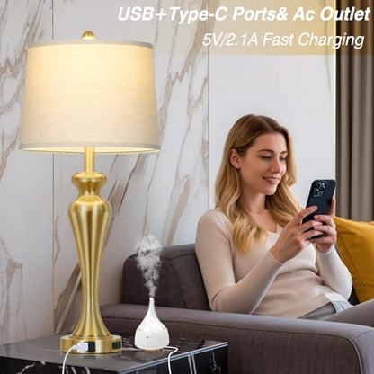CINSARY 30 Inch Tall Gold Table Lamp Single for Living Room, Touch Control Bedside Lamp for Nightstand, 3-Way Dimmable Bedroom Lamps with USB A+C Ports and AC Outlet, Metal Brass Table Lamps - color: Gold (1 Pack)